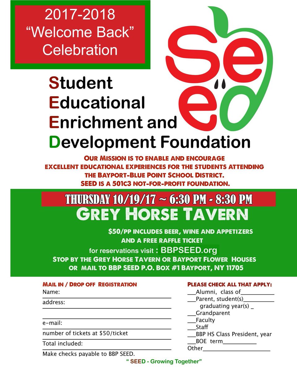 GazetteCentral's tweet photo. #BBPSEED βWelcome Back" fundraiser Thursday night at Grey Horse Tavern.
π π π
@BBPSeedOfficial #Bayport #BluePoint #BBBSchools @BBPSchools https://t.co/U1mLirq1rK