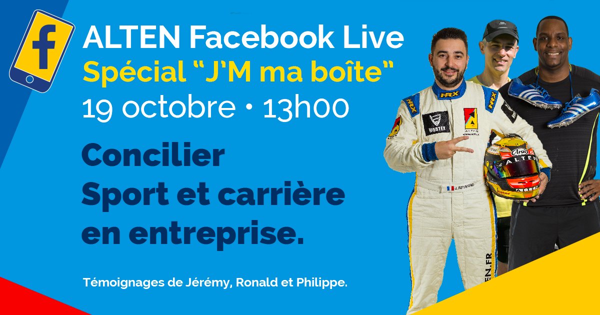 Alten_france's tweet photo. [FACEBOOK LIVE]  ⏰ Retrouvez ALTEN en live à 13h sur notre page Facebook pour savoir Comment concilier sport et carrière en entreprise. 🚀 https://t.co/WzANTsyvZ0