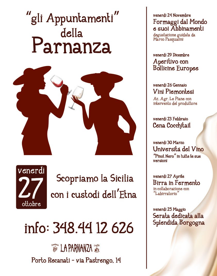 LaParnanza's tweet photo. Venerdi 27 ottobre. Etna: i vini del Vulcano e dei suoi versanti. Alla scoperta dell'Etna bianco (carricante) e dell' Etna rosso (mascalese) https://t.co/JI2XzlugdQ