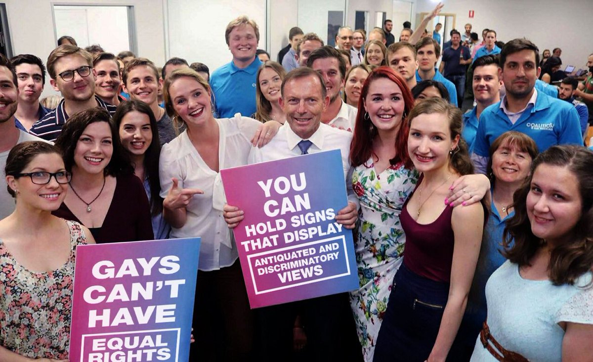 LiberalsParties's tweet photo. @TonyAbbottMHR So true Tony, it’s not over. We’re going to fight hard for your right to hold signs that display antiquated &amp; discriminatory views! #itsokaytonotvoteatallifyouwanttovoteno https://t.co/NvGreAFw4i