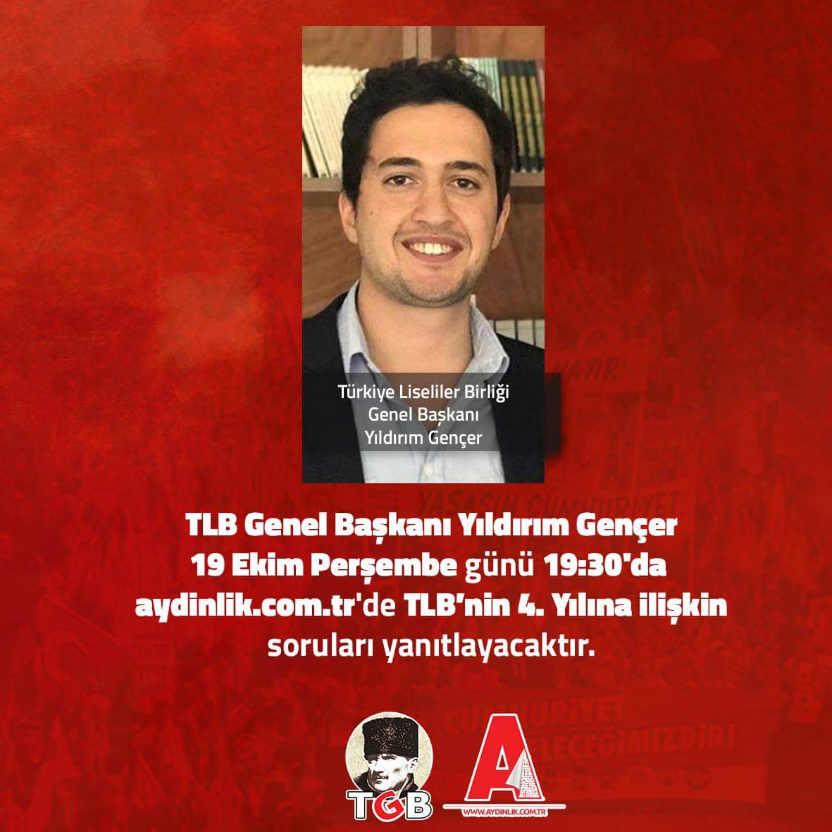 TLB_istanbul's tweet photo. Türkiye Liseliler Birliği 4 yaşında!

Genel Başkanımız Yıldırım Gençer, bugün 19:30'da https://t.co/xfCRp365En'nin canlı yayın konuğu olacak https://t.co/eBp4Vn8YUU