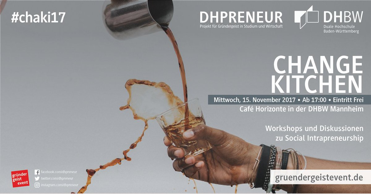 DHPRENEUR's tweet photo. Entwickle mit Unternehmen Rezepte, die Welt zu verbessern: #Social #Intrapreneurship in der #ChangeKitchen: #ChaKi17 https://t.co/sCyRJDJ1iu https://t.co/EWZXN1yBRO