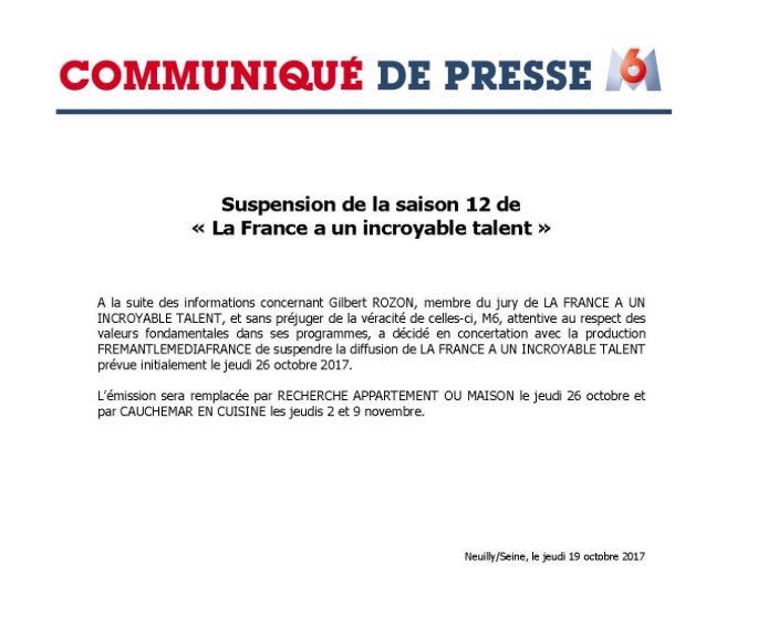 MaximeGueny's tweet photo. Situation rare dans l’histoire de la télévision française, suspension de Incroyable Talent sur M6 suite à l’affaire Gilbert Rozon. Programme remplacé par Recherche Appartement ou maison et Cauchemar en Cuisine. https://t.co/OfgHz3jCg0