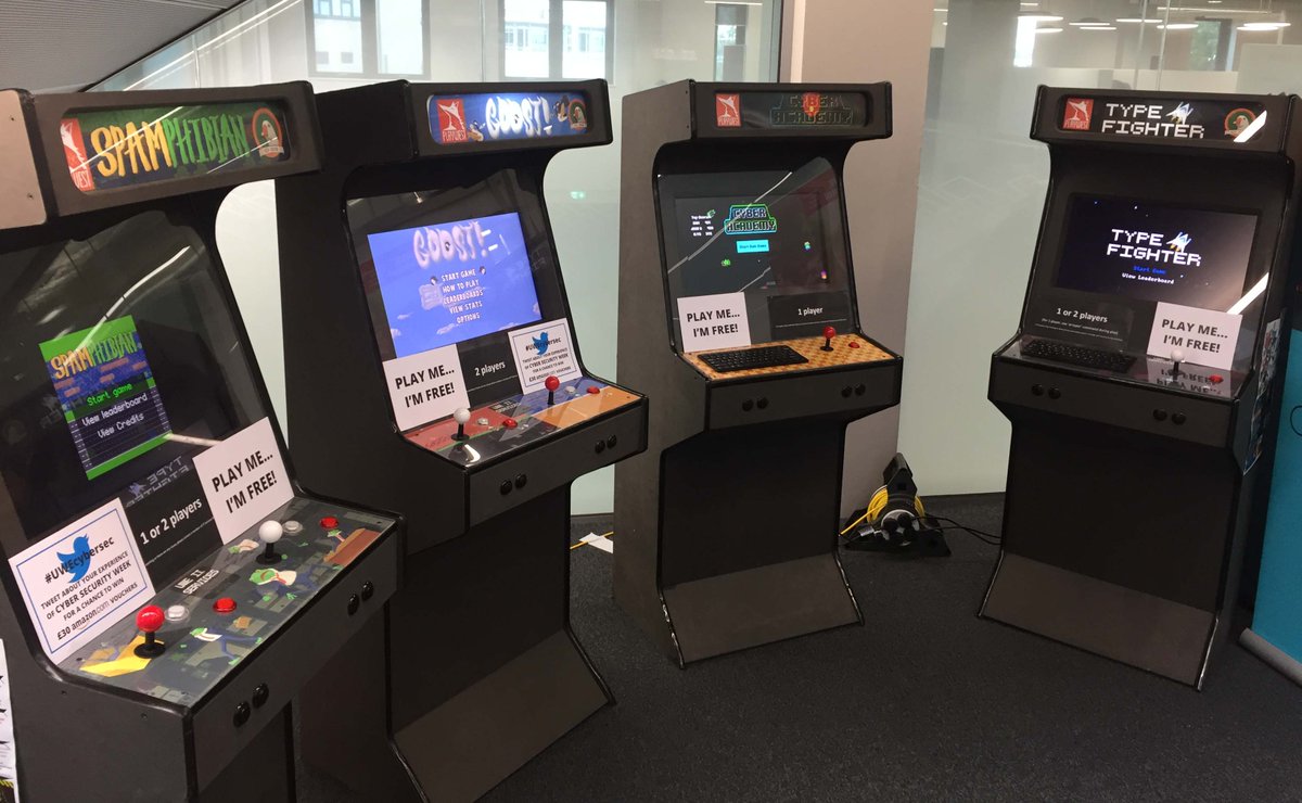 UWEBristol's tweet photo. Experience some classic arcade gaming action for the last two days of #uwecybersec week at #bristolbusinessschool foyer 👾 https://t.co/eOkiL9dJQ5