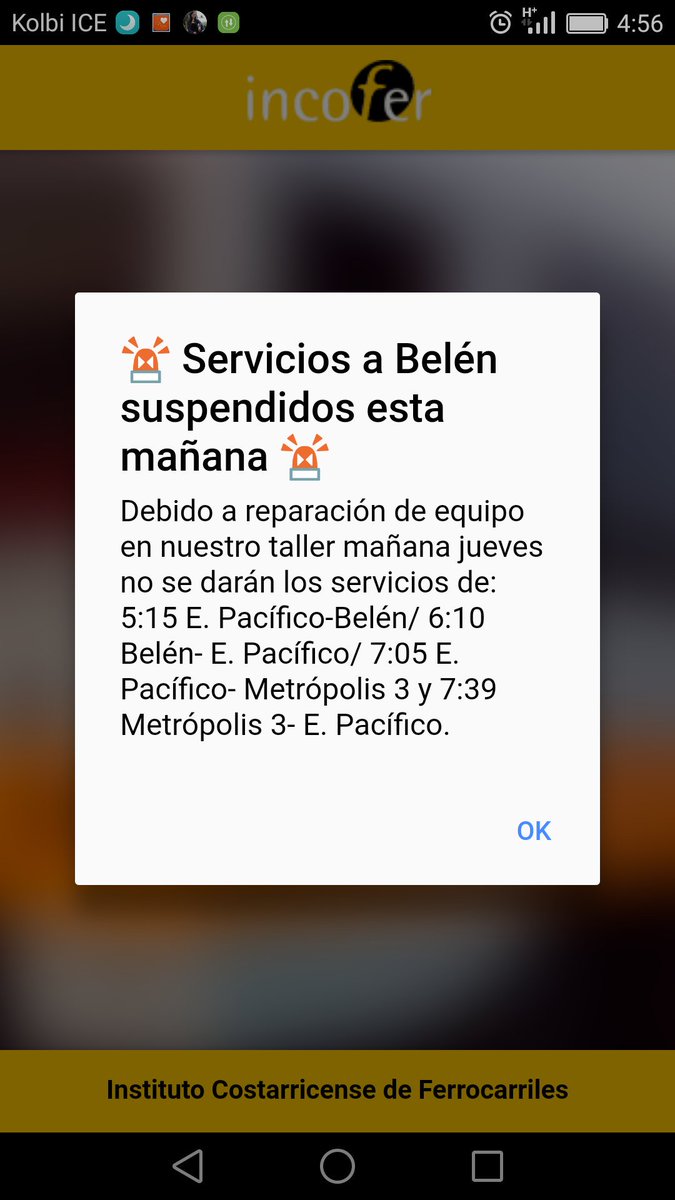INCOFERCR's tweet photo. Notificación de Incofer Móvil a las 4:56 #TrenCR https://t.co/oBSZyHNwSU