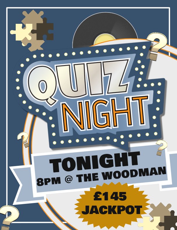 WoodmanBanstead's tweet photo. Looking for plans tonight? Come and take part in our quiz at 8 to be in with a chance of winning our £145 jackpot! #letsgetquizzical https://t.co/JjydnTEDR2