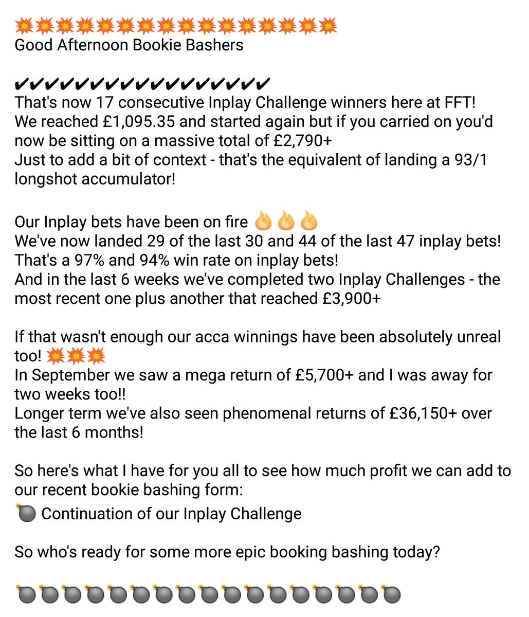 FFT_Tips's tweet image. 🚨💣INPLAY CHALLENGE💣🚨

Don't miss out!
Join in now
●bit.ly/FFT_NewAccount●

17 💥's in a row!
More winners today?

❤ &amp;amp; RETWEET if youre in 👍