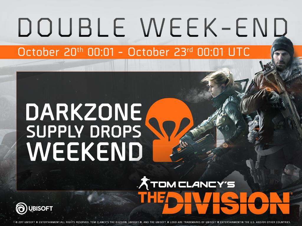TheDivisionGame's tweet photo. Enjoy double Dark Zone Supply Drops this weekend, followed by DZ Supply Drops every 30 minutes!

Details: > https://t.co/tK0LMFnwlN < https://t.co/DlwUfMeKvr