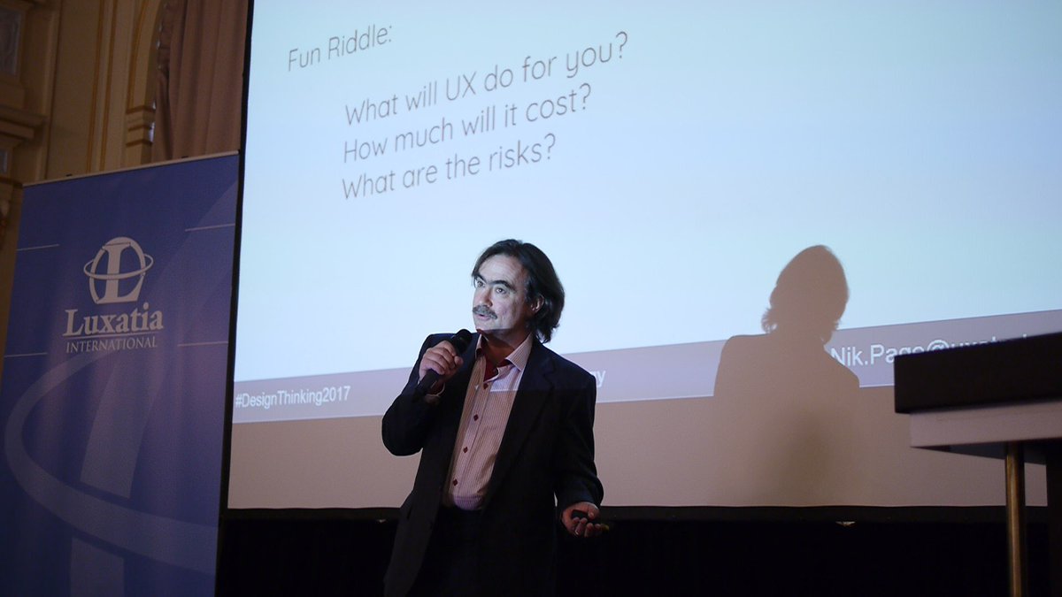 Luxatia_intl's tweet photo. Chair, @nbpage giving a presentation about- experience is the emotional sum of interactions w/ an organization or brand #DesignThinking2017 https://t.co/LiYKNYKXLK