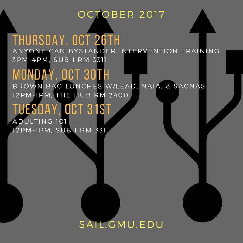 Here's some upcoming events in October! @SSACGMU @LEADMason @MasonPatriotExp <a href="/MasonULife/">Mason ULife</a> <a href="/MasonCareer/">Career Services</a> <a href="/GMU_NAIA/">GMU NAIA</a> <a href="/SACNAS_GMU/">SACNAS GMU</a>