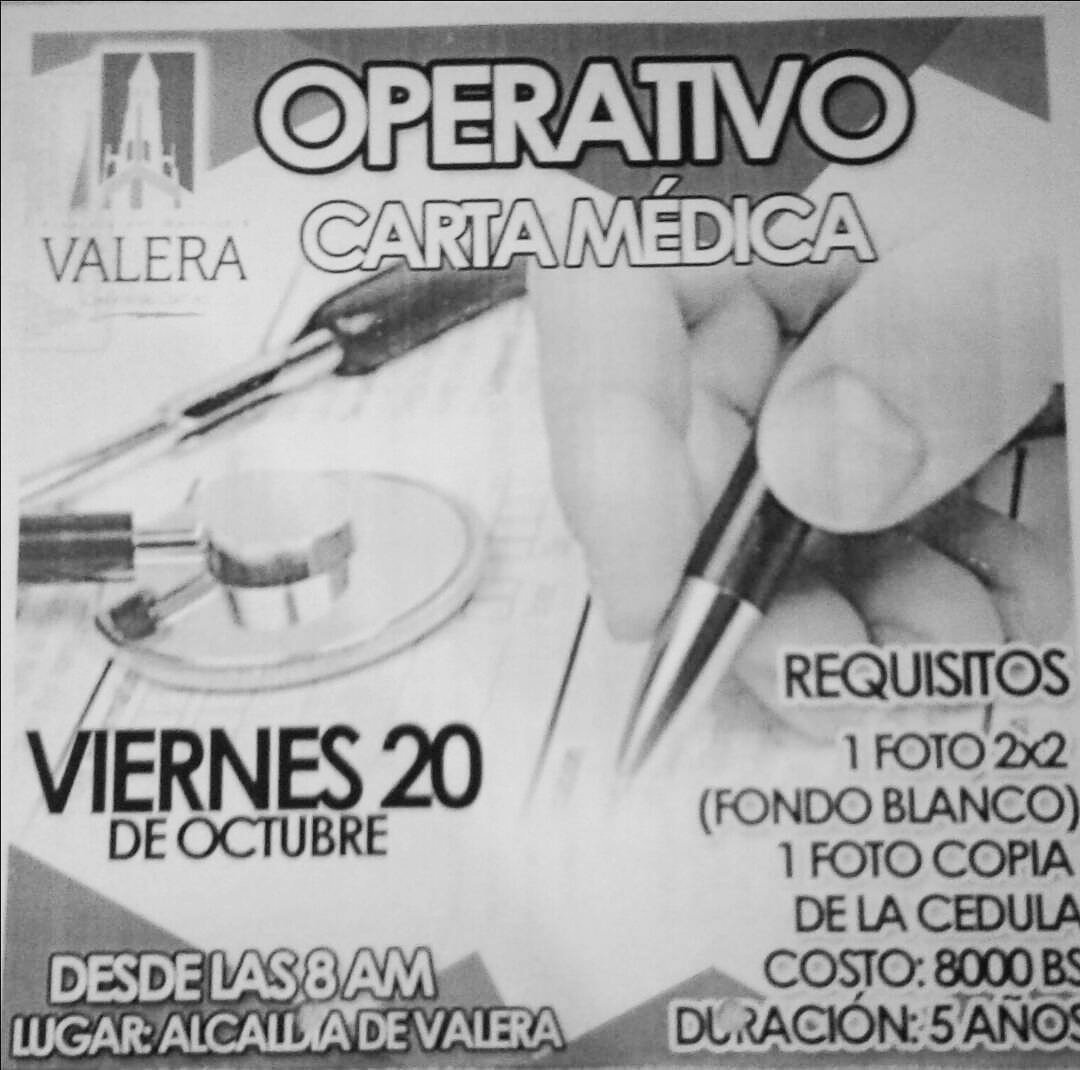 Mañana en las instalaciones de la Alcaldía de Valera se estará realizando un Operativo de Carta Médica, a partir de las 8am. <a href="/trafficVALERA/">traffic VALERA</a>