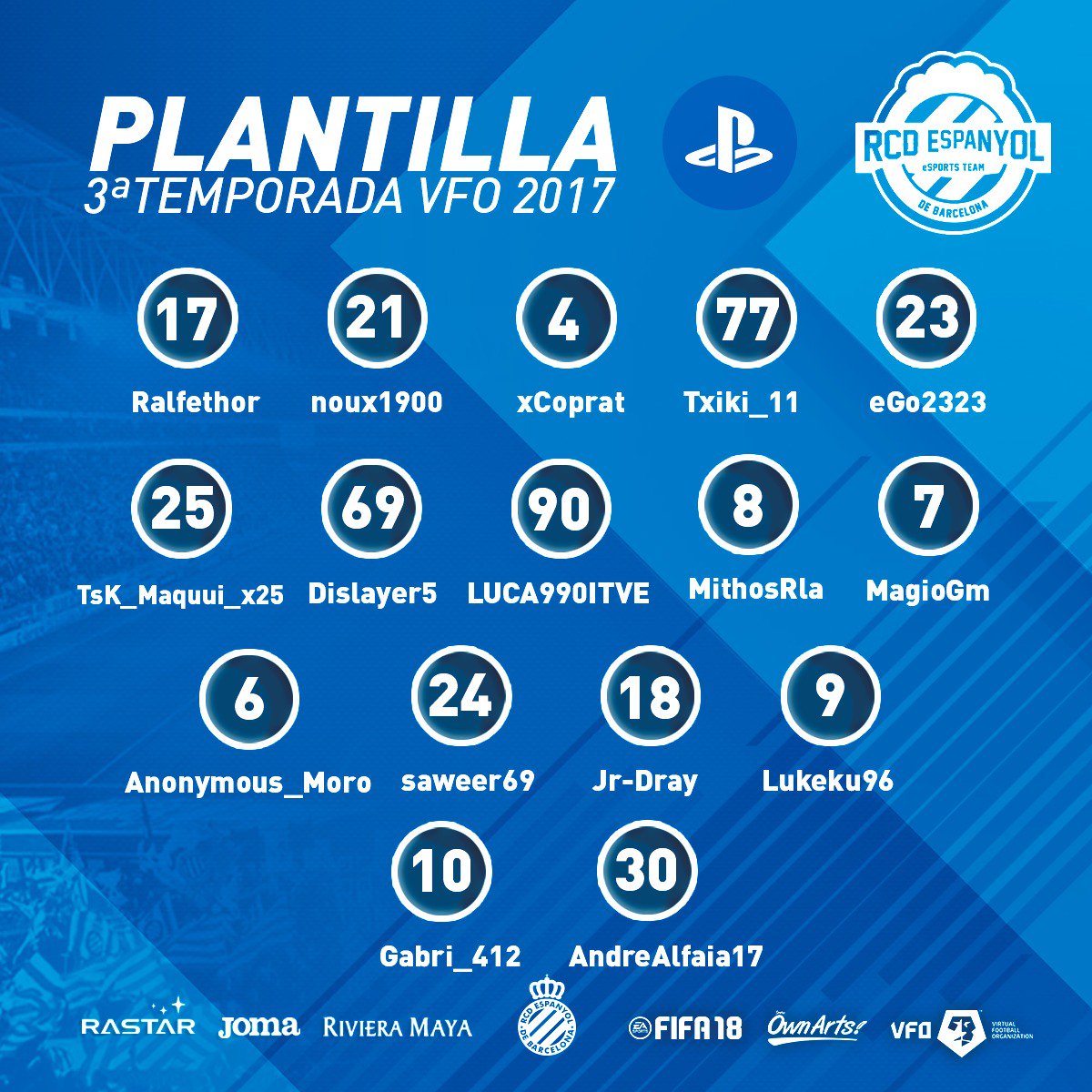 RCDeSports's tweet photo. Esta es la plantilla del #RCDE 💪 en #PS4 🎮 para la nueva temporada #FIFA18 de @VFOspain! Diseño 👌 de @ownarts 👏

@EASPORTSEsp @VFOspain_ps https://t.co/Hcfj9BPAvy