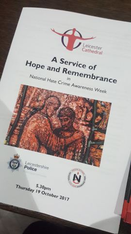 Victim1st's tweet photo. Our caseworker is at Leicester Cathedral to remember those who have died as a result of hate alongside @hatecrimeleics &amp; @TellMamaUK #NCHAW https://t.co/2BtlzyCOWI