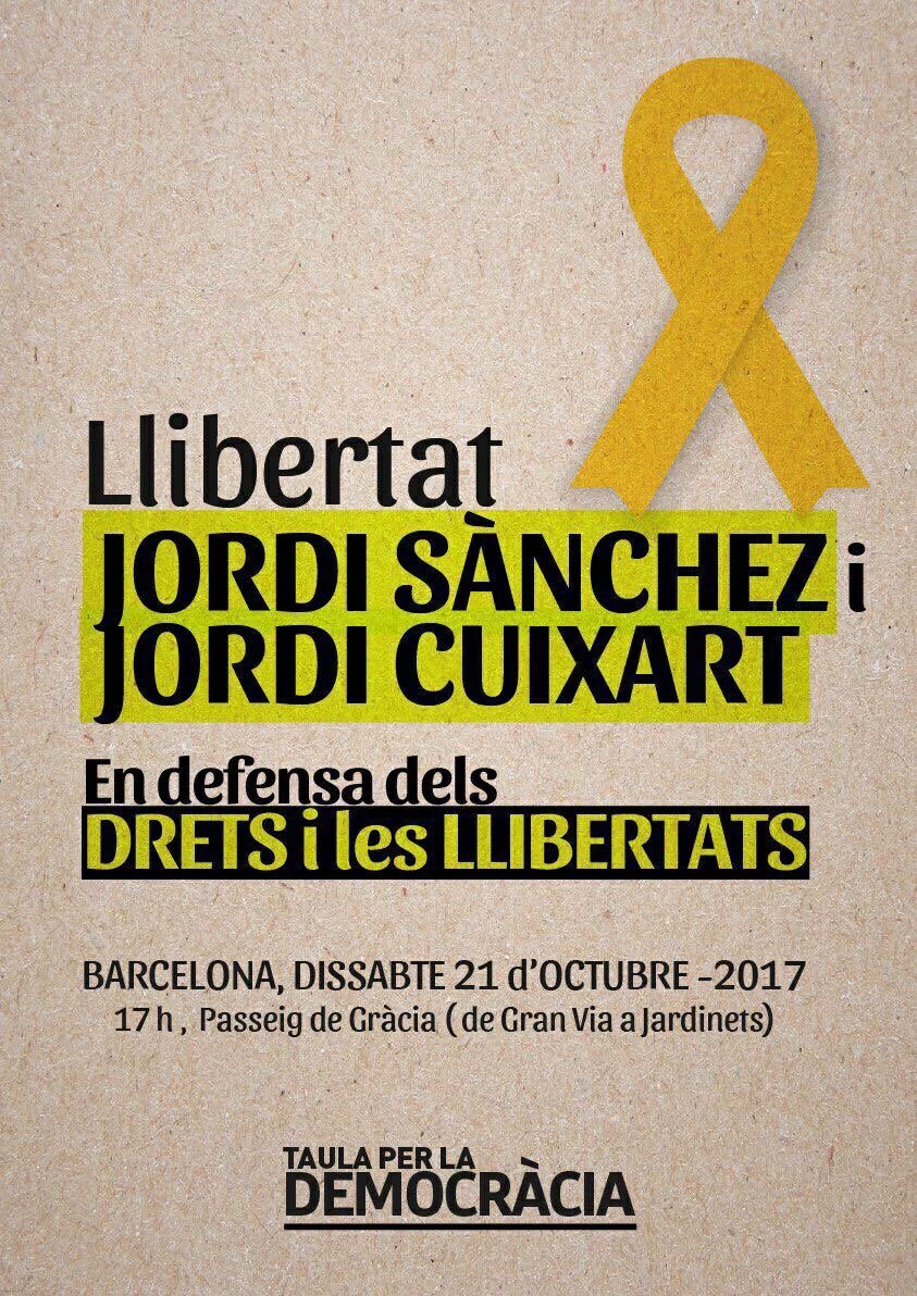 CastellsCat's tweet photo. Dissabte a les 17, manifestació per la llibertat de Sànchez i Cuixart, convocada per la Taula per la Democràcia https://t.co/u4JRQAKFSl https://t.co/gTWhZsjafg