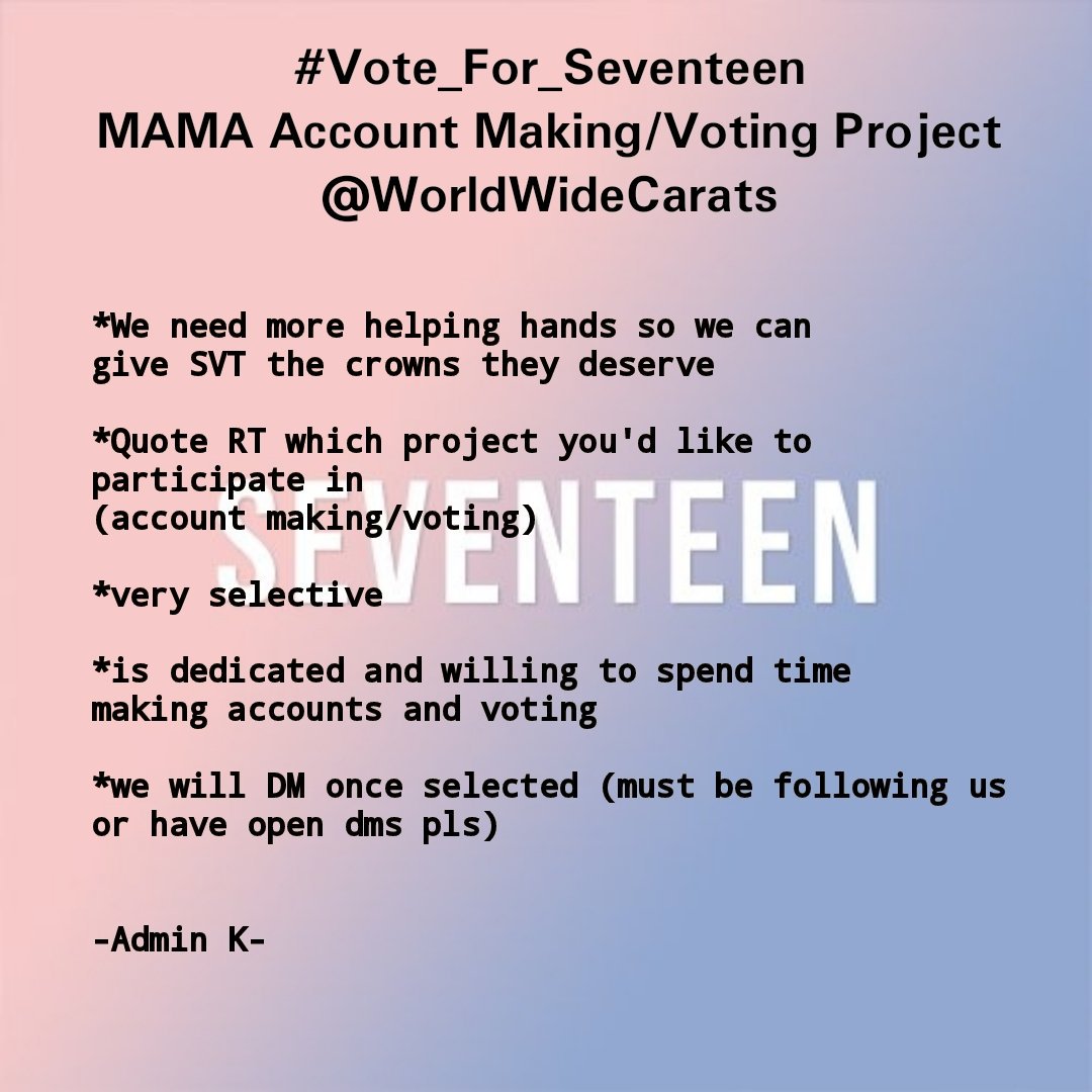 WorldwideCarats's tweet photo. MAMA Accounts making and Voting Project
pls participate 😊
-MUST HAVE KAKAOTALK

-Admin K
#Vote_For_Seventeen https://t.co/uHaBiFEEJ1