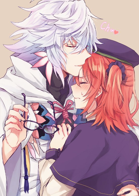 purplewis's tweet photo. > いつも綺麗な絵を拝見させていただいております…ほんと好きです…。
ぐだ子にでこちゅーするマーリンが見たいです、何卒どうか一つお願い致し申す... #odaibako
眼鏡を取られ抱き寄せられたのでキスされる！？って身構えたのにデコチューしてくるずるい男マーリン（という設定） https://t.co/OuPtzYH7QD