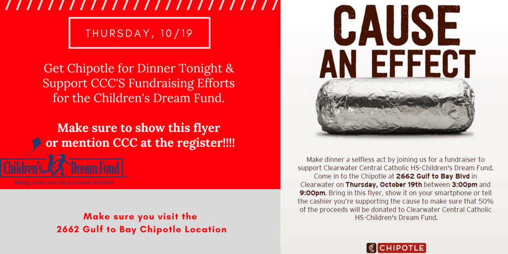 ccchsmarauders's tweet photo. Come out to the Chipotle at 2662 Gulf to Bay from 3-9pm. 50% of the proceeds benefit the @ChildDreamFund! #Chipotleforacause #CCCHCWeek17 https://t.co/OBctCK4V2a