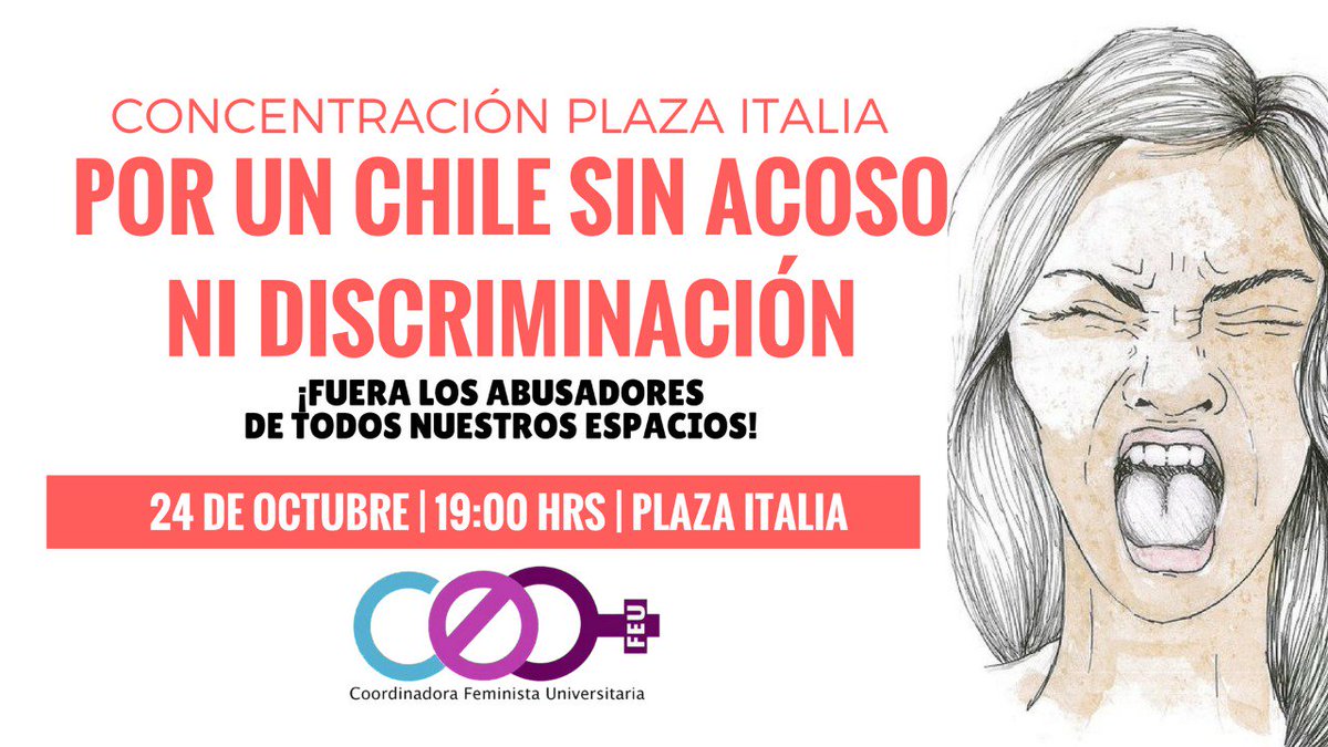 Para que #Niunamenos  #Yodenuncio este Martes 24 de Octubre en Plaza Italia a las 19:00 hrs
Fuera los abusadores de nuestros espacios!