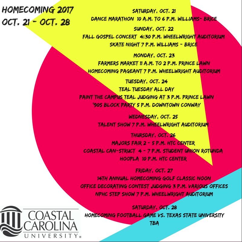CCUHousing's tweet photo. Don't forget Homecoming 2017 kicks off tomorrow. Check out all the events happening next week. @CCUinvolved https://t.co/zWc8KG0kuv