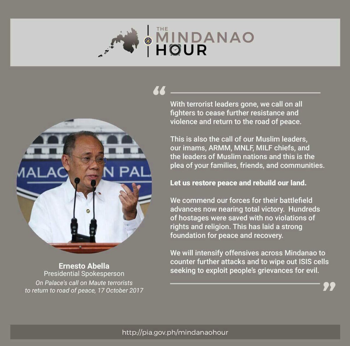 themindanaohour's tweet photo. The Palace urges Maute terrorists to return to the road of peace.
#DefendRepublic | #MindanaoHour | #BangonMarawi https://t.co/Ay6g02CfrK