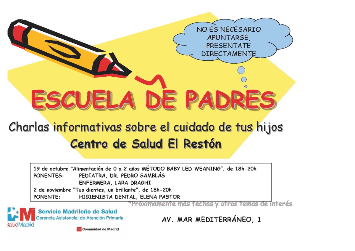 ¿Un bebé con menos de 2 años? Te interesa la charla de <a href="/drstilve/">Pedro Samblás</a> en Centro de Salud El Restón #EscueladePadres. 18 h ow.ly/6Lqs30fZdYE