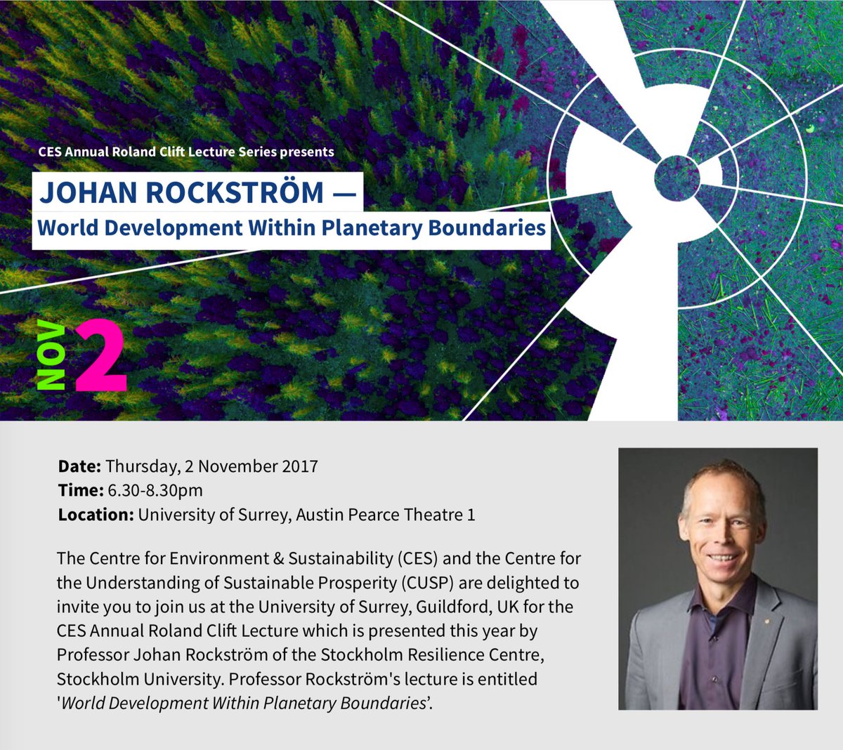 CES_Surrey's tweet photo. Join us for an evening lecture with @JRockstrom
from @sthlmresilience, 2 Nov >> https://t.co/kUjSYdafbF https://t.co/Bc6Qs8VULC