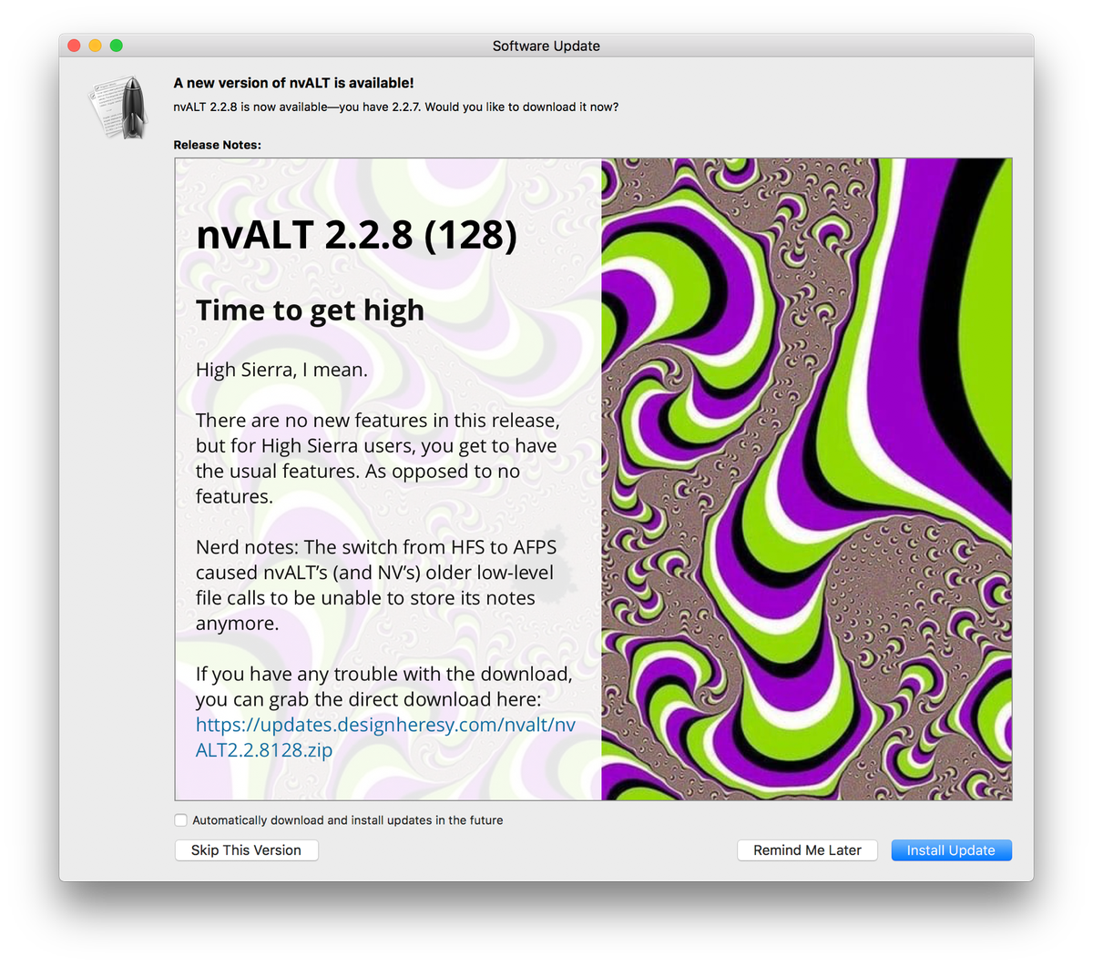 errorik's tweet image. Update notes for app nvALT for macOS High Sierra are trippy. Nice touch @ttscoff!