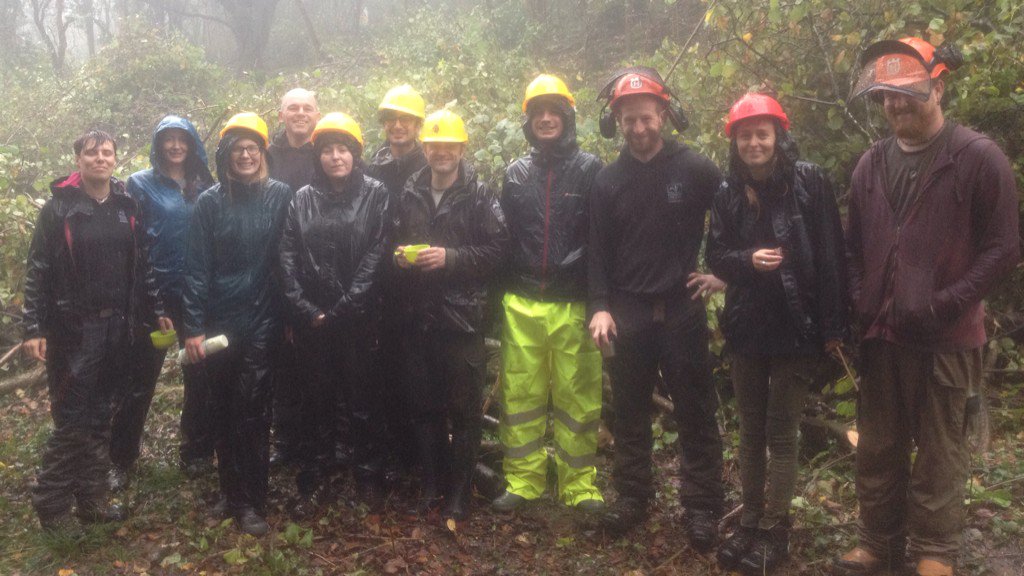 Today's very soggy <a href="/SomersetWT/">Somerset Wildlife Trust</a> coppicing party saying farewell to #skillsforthefuture trainees Steph &amp; Perdeep