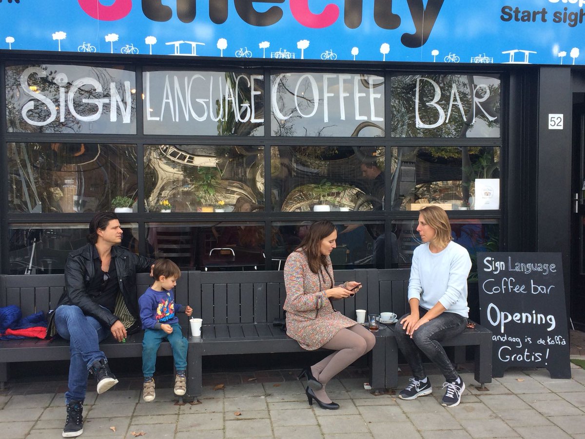 SocEntNL's tweet photo. Present @ opening eerste #signlanguagecoffeebar @CtheCity #SocEnt Ga langs en bestel je favo koffie in gebarentaal! https://t.co/Dbh1xzOewQ https://t.co/bz1Rxp0ezn