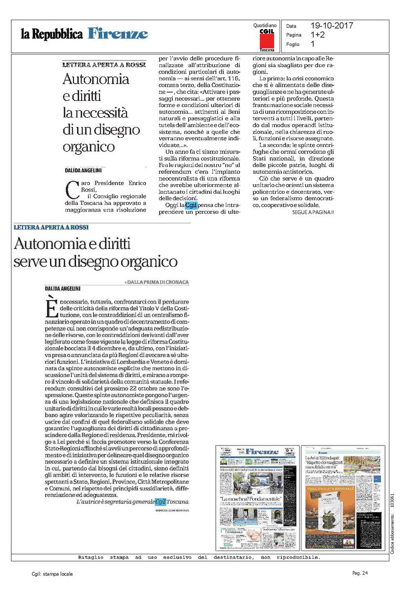 cgiltoscana's tweet photo. Autonomie regionali e diritti, la necessità di un disegno organico. Lettera aperta a Enrico Rossi su assetti istituzionali e spinte centrifughe (di Dalida Angelini da Repubblica Firenze di oggi) https://t.co/iKjpOvRfr8 https://t.co/iKaqtT0Izj