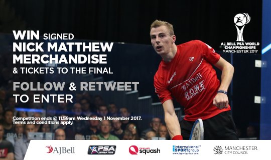 WIN signed Nick Matthew kit &amp; collect it from the AJ Bell <a href="/PSAWorldChamps/">PSA World Championships</a> 2017 #Squash final! 🐺👇

-FOLLOW
-RT

T&amp;Cs: ow.ly/KZFO30fZki8