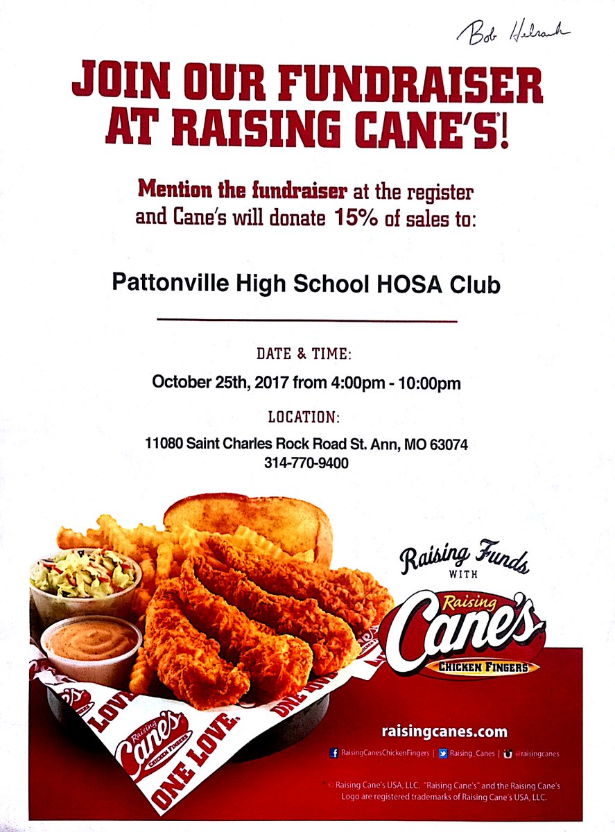 Tell your friends, tell your mom, tell your neighbor! Eat at Raising Cane's Oct 25th 4-10pm and mention HOSA! #HOSA #whodoesntlovechicken