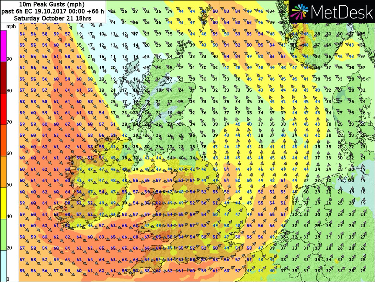 metdesk's tweet image. #StormBrian will produce very strong winds on Saturday with gusts above 50mph across England and Wales, and 70mph along western coasts