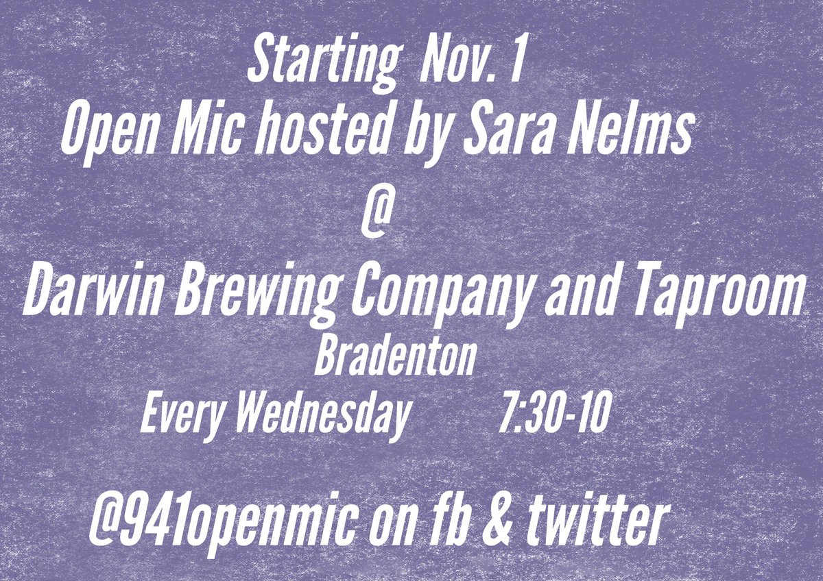 Excited to announce that open mic will now be held at <a href="/DarwinBrewingCo/">Darwin Brewing Co and Taproom</a> on Wednesdays starting on Nov. 1! #openmic #bradenton #941openmic