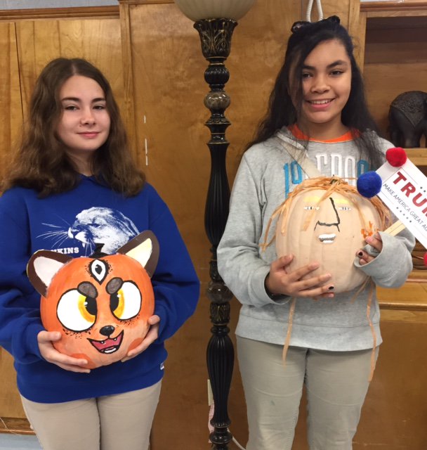 HankinsMiddle's tweet photo. Congratulations to Adriana Benfield and Aliyah Henry for winning the pumpkin decorating contest held by the library. https://t.co/UwXznfMoLX