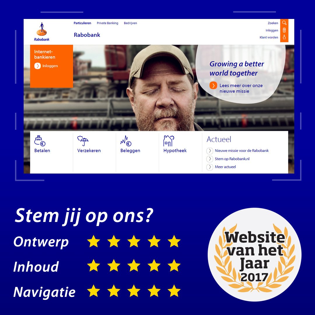 Rabobank's tweet photo. Rabobank.nl is genomineerd voor Website van het Jaar. Breng voor 26 oktober je stem uit! We rekenen op je! https://t.co/9laBo4CGAu #WVHJ2017 https://t.co/yUCwz2TTWF