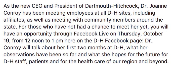 DartmouthHealth's tweet image. Have a question for @JoanneConroyMD? Join us for a live Q&amp;amp;A session today on the D-H Facebook page starting @12 PM! facebook.com/DartmouthHitch…