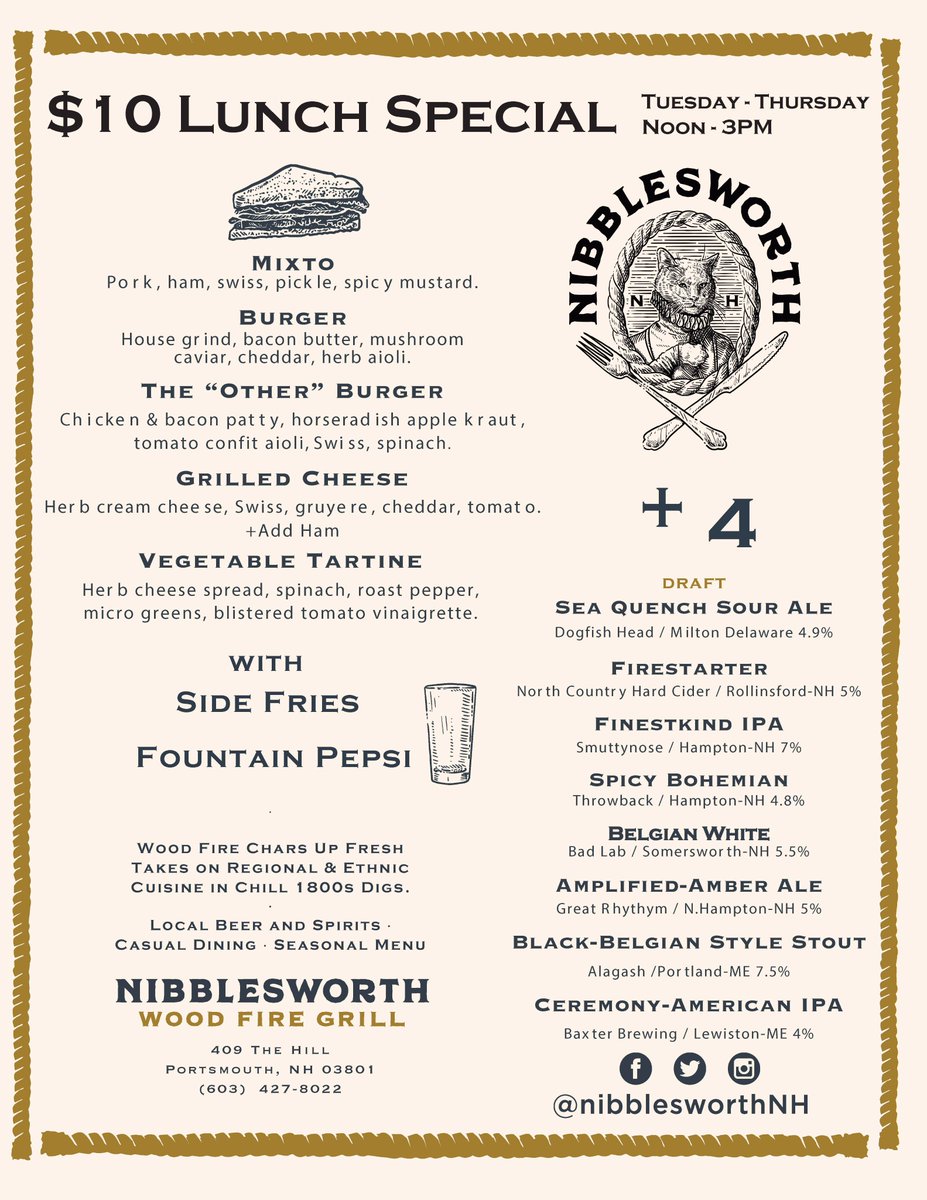 nibblesworthNH's tweet photo. Lunch yet? Tuesday - Thursday. Any handheld + side fry + drink for 10 bucks. +4 to make it an adult happy meal #nibblewell #portsmouthNH https://t.co/O11x1koC4g