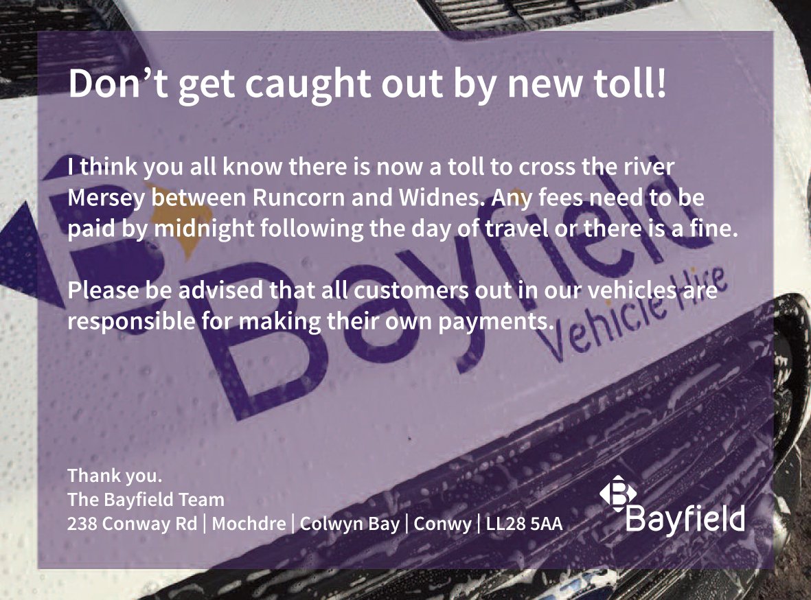 BayfieldHireNW's tweet photo. Don't get caught out! #TollFee #Runcorn #RiverMersey #Widnes https://t.co/0BThjB8qsG