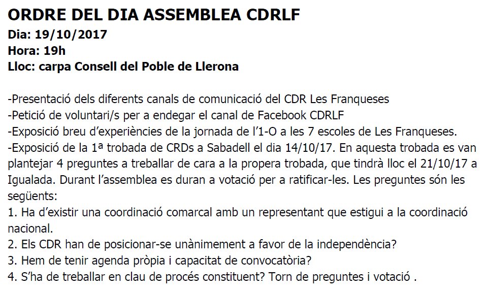 CDRFranqueses's tweet photo. #IMPORTANT recordeu! AVUI 19oct a les 19h tindrà lloc l'assemblea del CDR LES FRANQUESES a la carpa del Consell del Poble de Llerona #CDRLF https://t.co/cd3jjfUymU