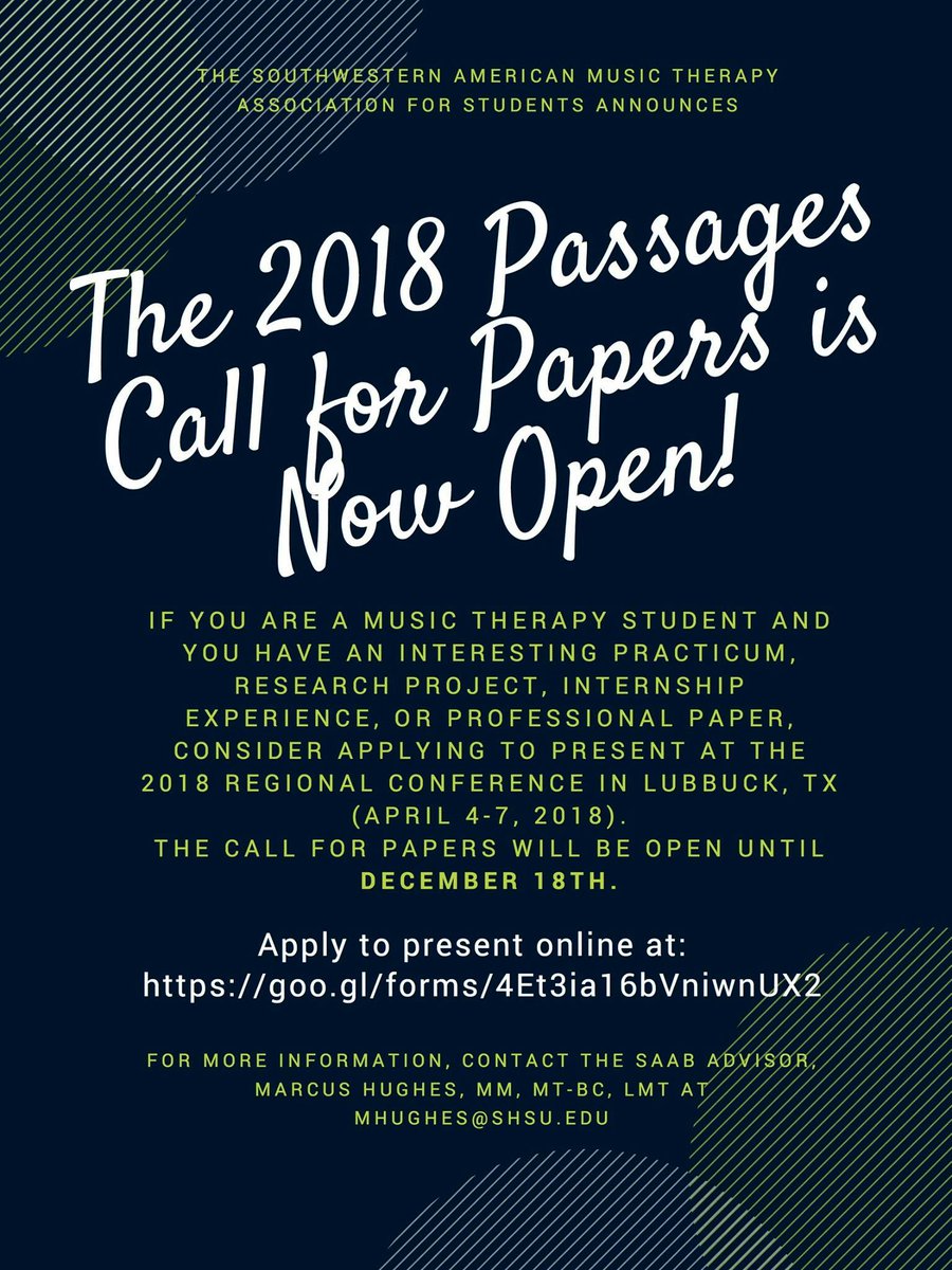 SWRAMTA's tweet photo. Attn #swamtas Call for Papers is open>>https://t.co/KsSzT7Oprb #swamta #swamta18 #musictherapy #continuingeducation https://t.co/GvOoCEQZ3i