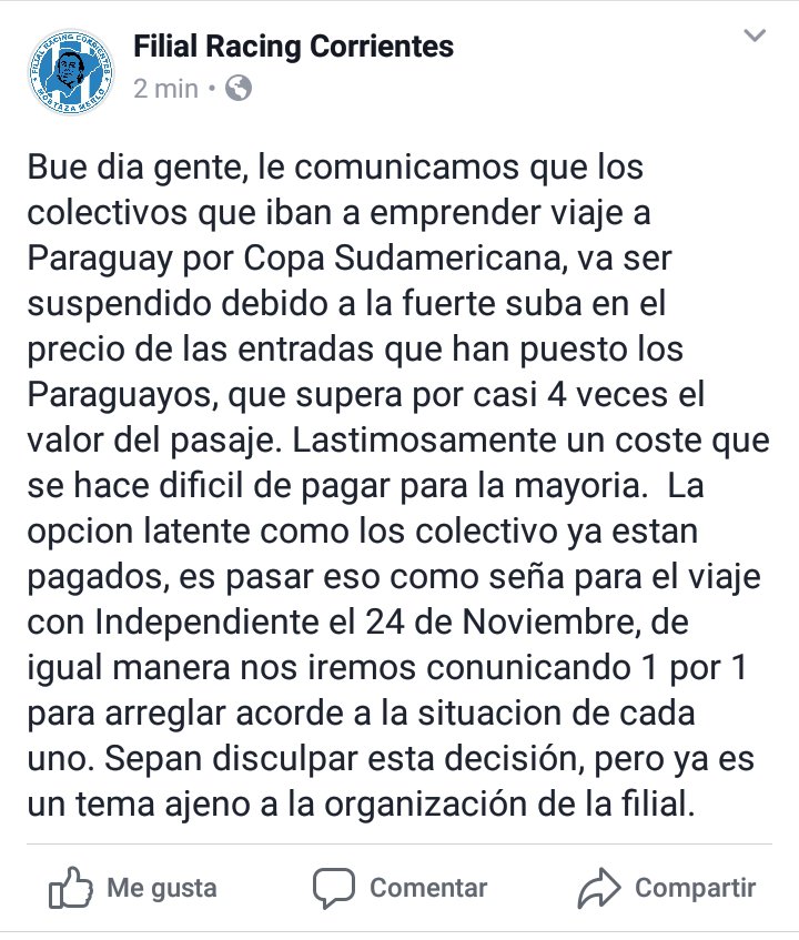 Comunicado Oficial sobre el viaje a Paraguay por Copa Sudamericana.. #Racing