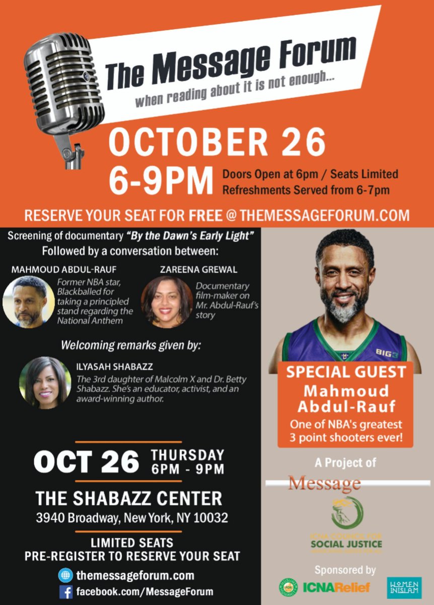 Seats are running out! Don't miss next week's event at the <a href="/ShabazzCenter/">The Shabazz Center</a> w/ <a href="/RaufMahmoud/">Mahmoud Abdul Rauf</a> #TakeAKnee #NYC  themessageforum.com