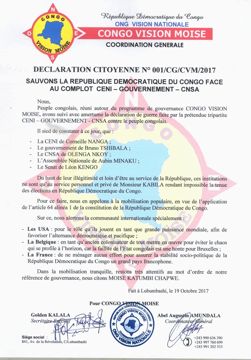 abelamundala's tweet photo. Sauvons la #RDC face au complot () #Ceni- #Gvernmnt- #Censa qui sont au service privé de #Kabila: Declaration citoyenne de #CongoVisionMoise https://t.co/TMCSLqRj2O