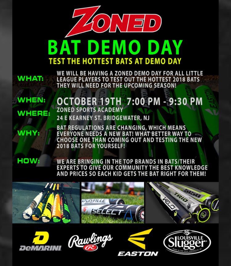 ZonedSports's tweet image. TONIGHT!! #BatDemo Day @ Zoned! Check out the latest @Easton_Baseball @RawlingsSports @DeMarini @sluggernation @LzSkinsBaseball @NB_Baseball