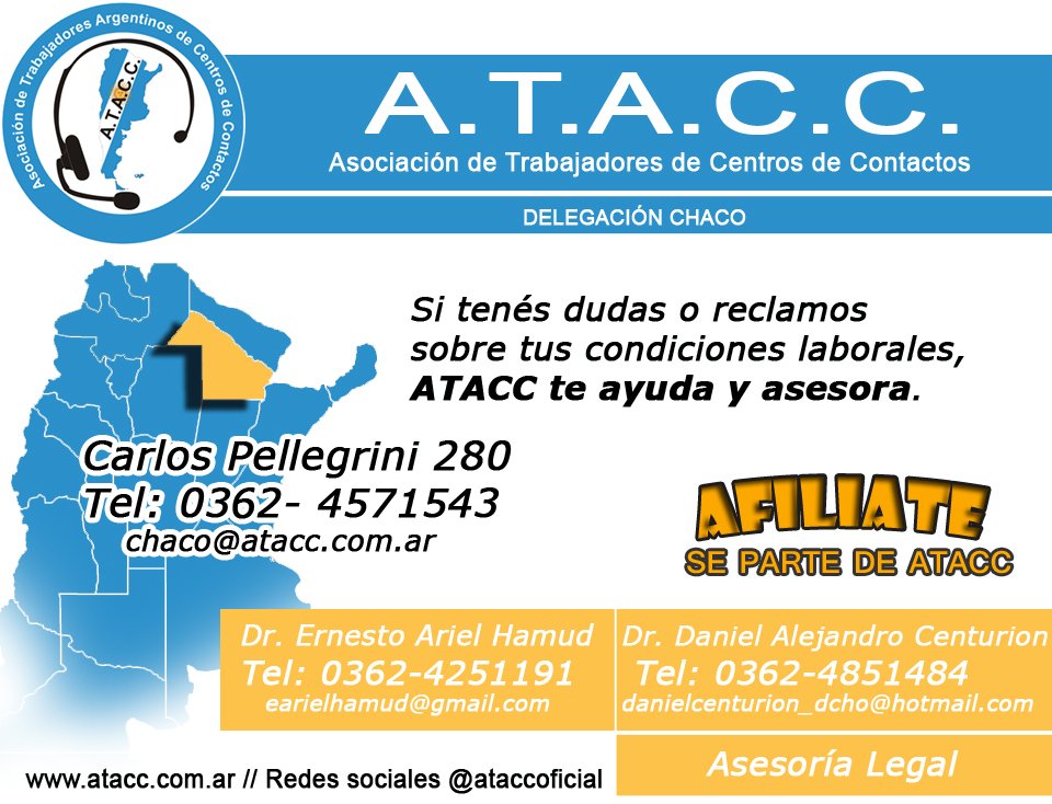 AtaccOficial's tweet photo. ATACC Chaco cuenta con sede en calle Carlos Pellegrini 280 para la atención de los trabajadores del sector. Veni a tu sede, se parte. https://t.co/BD3CeWgU1W
