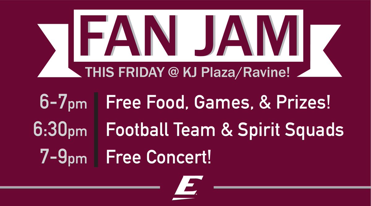 EKUSports's tweet photo. Students! Don't forget about Fan Jam Friday TOMORROW at KJ Plaza... Lots of fun activities leading up to Homecoming Saturday! #GoBigE https://t.co/wxxvljGbGw