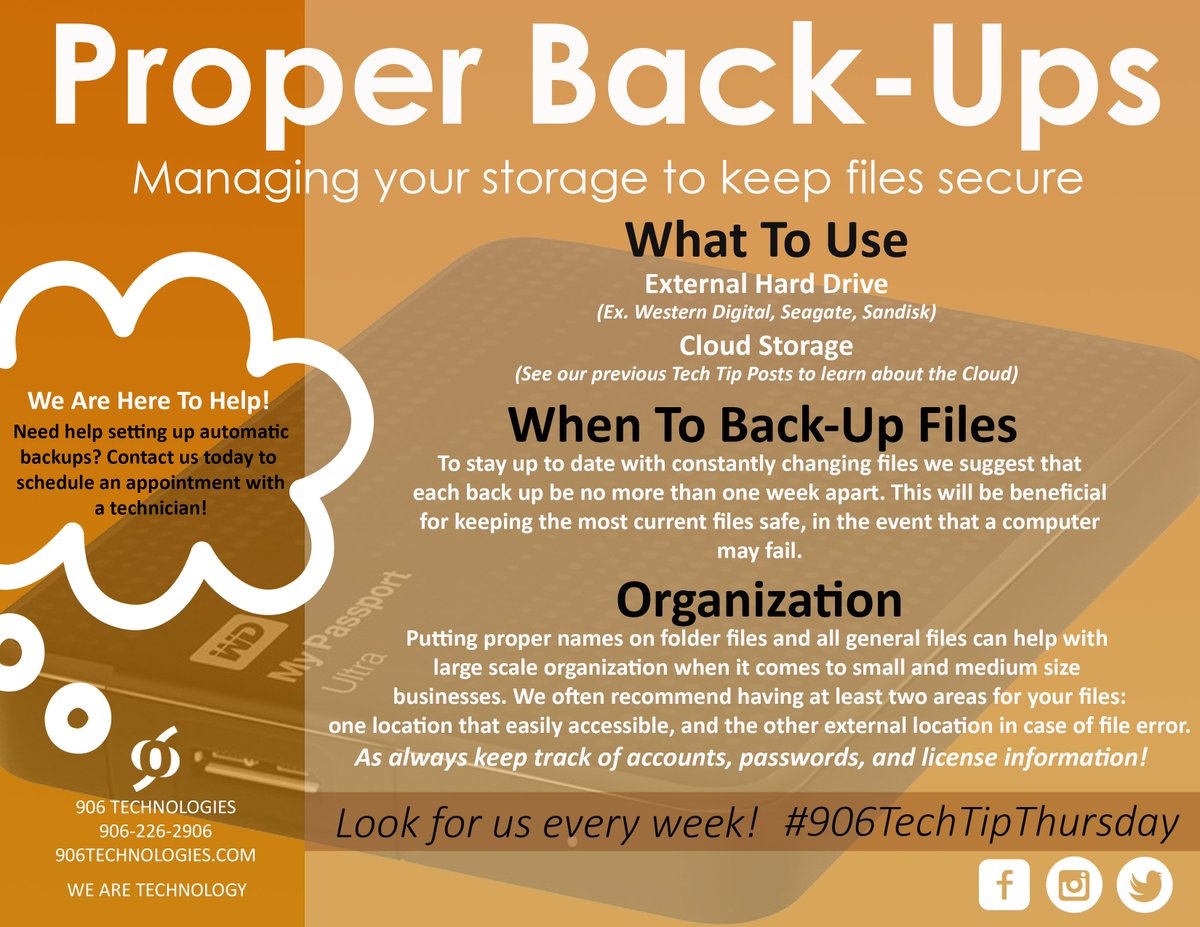 906Technologies's tweet photo. #906TechTipThursday Proper Back Ups-Keeping everything safe and up to date for all of your important files. #technews #techtips #906techtip https://t.co/cHsPdytsNq