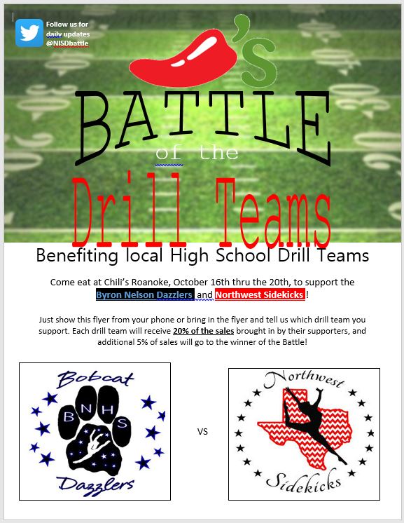 NWSidekicks's tweet photo. TWO DAYS LEFT - Eat at Chili's Roanoke and tell them the SIDEKICKS sent you! #BeatByron @nhsSIDEKICKS @SidekicksJv @NHSTexans PLEASE RETWEET https://t.co/FkMm8q0FmE