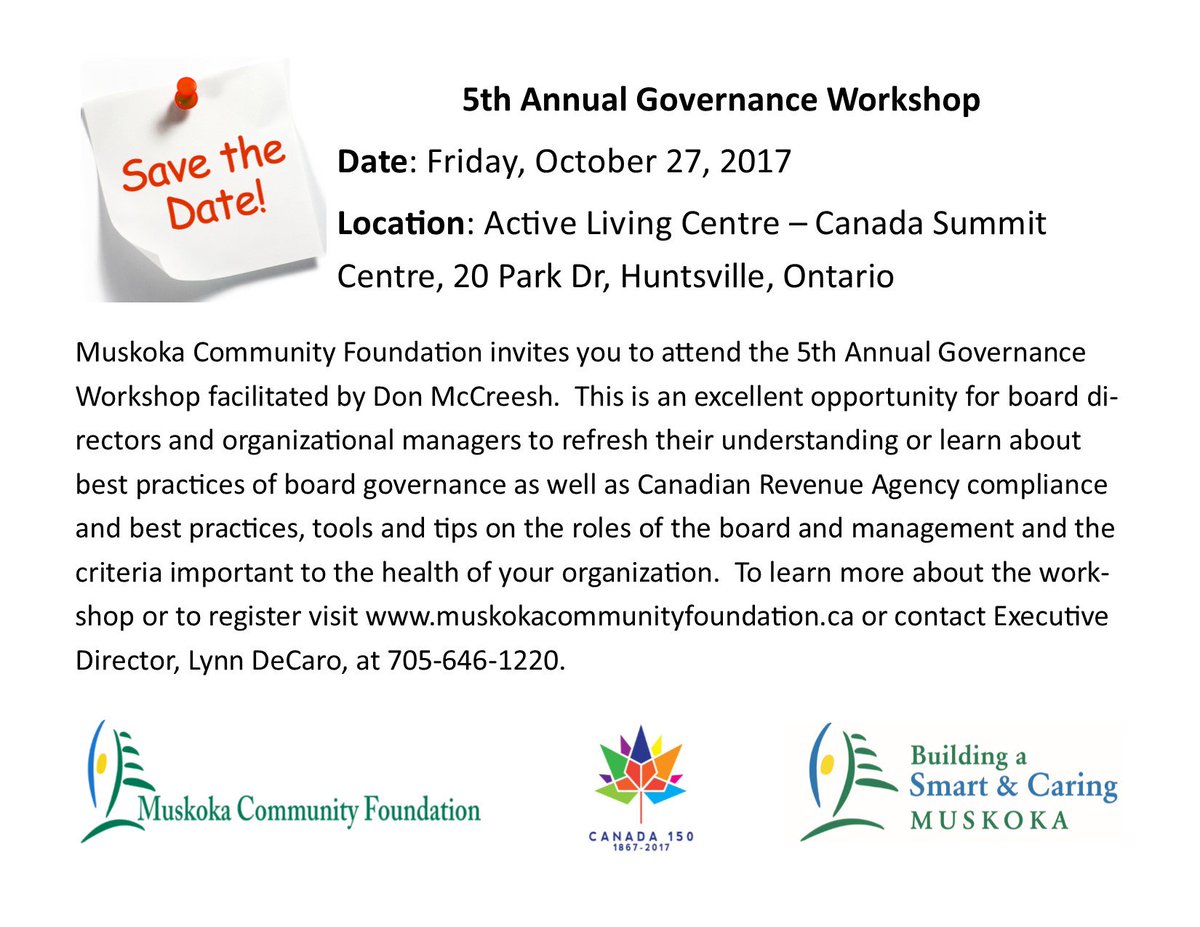 Still time to sign up for the Governance Workshop on October 27th.  Thank you to .<a href="/volunteermuskok/">Volunteer Muskoka</a> for being an event sponsor!!